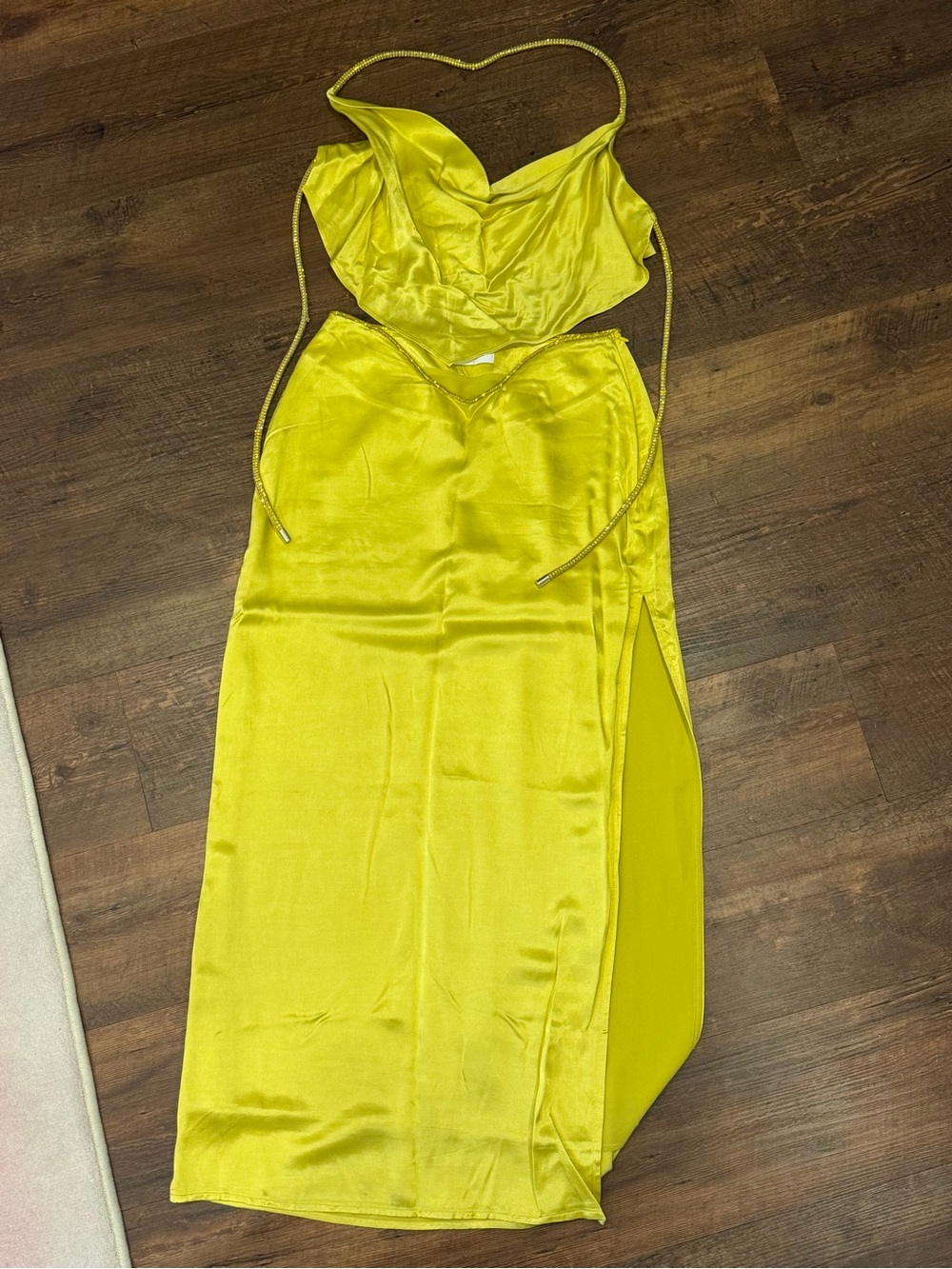 Meshki Lime Green Satin Cowl Crop Top & Slip Skirt Set - Picture 4 of 5